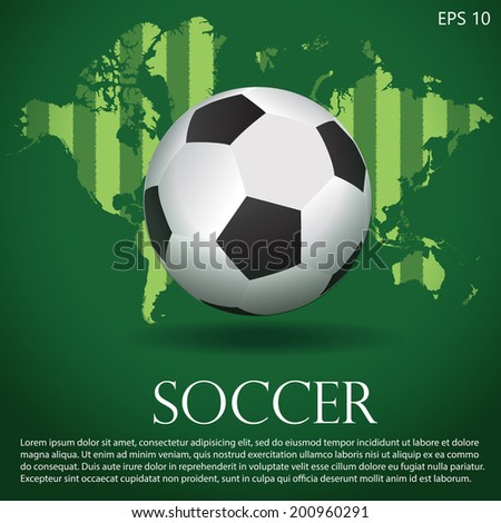 black and white soccer ball or football on background of green field pattern world map, vector illustration
