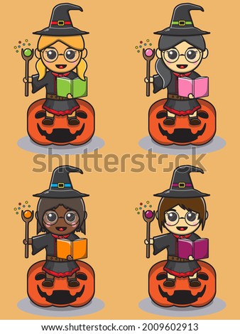 Vector illustration of Cute girls in witch costume read magic book above Pumpkin. Halloween witch collection. Collection of different cute beautiful witches.