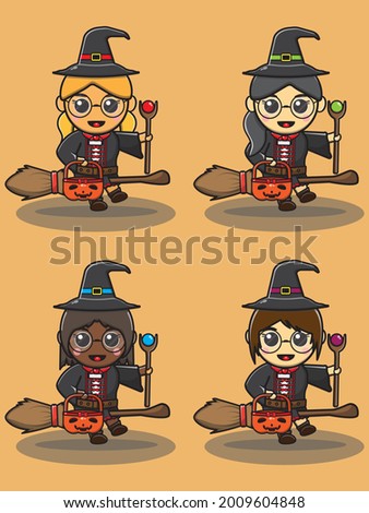 Vector illustration of cute mystical girls flying with broom holding pumpkin basket and magic staff. Halloween witch collection. Collection of different cute beautiful witches.