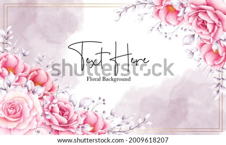 elegant hand drawn pink watercolor flower and leaves arrangement background	