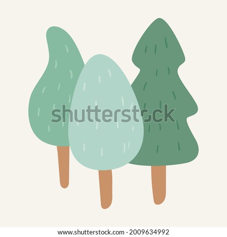 Vector cartoon doodle picture of trees, spruce and tree with a wide crown. Childrens sticker of forest in the Scandinavian style.