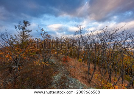 The top of the mountain 611 in Dalnegorsk. The rocky top of the mountain where a UFO crashed in January 1986. Autumn forest.