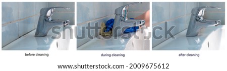 Toxic black mold in bathroom before, after, and during cleaning. Dirt behind the faucet in bathroom, cleaning in hard to reach places. Dirty joints between tiles in the bathroom.  Royalty-Free Stock Photo #2009675612