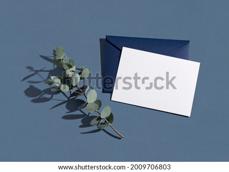 This is a mockup of summer wedding stationery. Solid color greeting cards and invitations on a blue background. Eucalyptus leaves. Natural light and shadow overlay. Flat lay, top view.