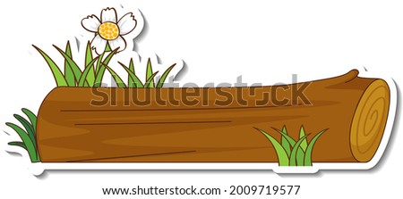Sticker wooden log with grass and flower  illustration