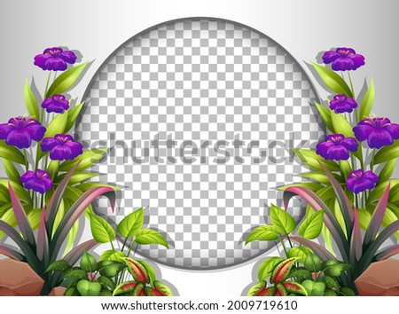 Round frame transparent with purple flower and leaves template illustration
