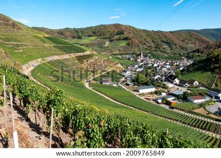 Village of Mayschoss as seen from vineyards on the 'Rotweinwanderweg', the Red Wine Hiking Trail. Ahrweiler District, Rhineland-Pflaz, Germany Royalty-Free Stock Photo #2009765849