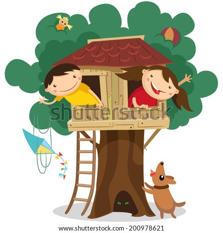 Children having fun in the treehouse. Vector illustration.
