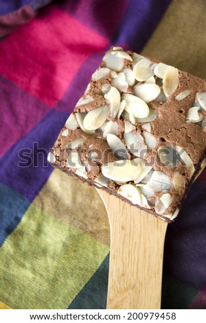 brownie with sliced almonds on wooden spoon with colorful background