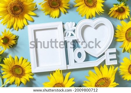 Picture frame, Sunflower photo frame with copy space on pastel blue background. Sunny day shadow. Minimal concept.
