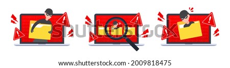 Collection of computer hacking icon. Emergency alert of threat by malware, trojan, or hacker. Data breach or identity theft. Creative antivirus or cybercrime concept. Flat style vector illustration. Royalty-Free Stock Photo #2009818475