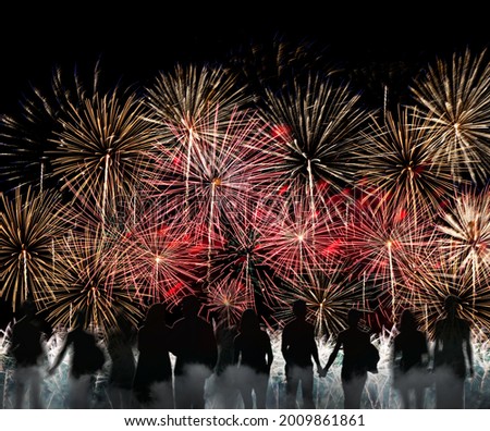 Group of people silhouette enjoy watching firework show in the night sky