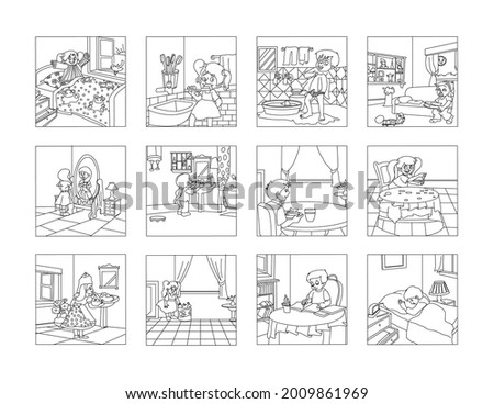 Good habits set, get up, early in the morning, brush your teeth, Take a bath, comb your hair, wash your hand, eat healthy line drawing clip art set 