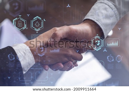 Handshake of two businesspeople as agreement concept to develop a new software to improve service at a company. Technological icons. Woman in business.