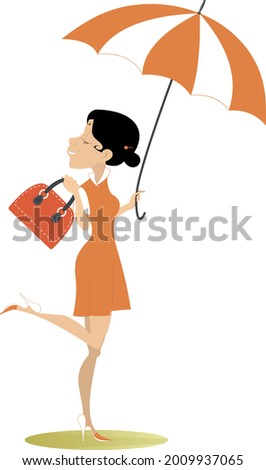 Smiling young woman with an umbrella illustration.
Good weather, smiling young woman with umbrella and ladies handbag isolated on white
