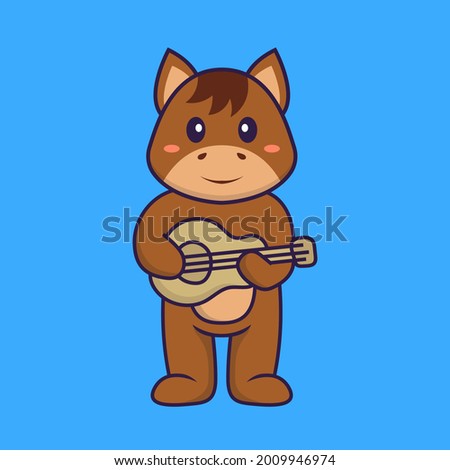 Cute horse playing guitar. Animal cartoon concept isolated. Can used for t-shirt, greeting card, invitation card or mascot.