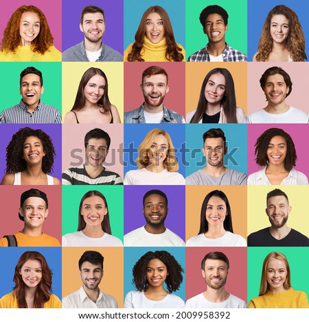 Set of photos of international students posing on colorful studio backgrounds, square shape. Happy multiethnic millennial men and women showing positive emotions, closeup portraits Royalty-Free Stock Photo #2009958392