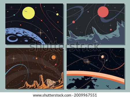 Retro Futurism Style Space Illustrations, Old Space Posters Backgrounds Template Set 