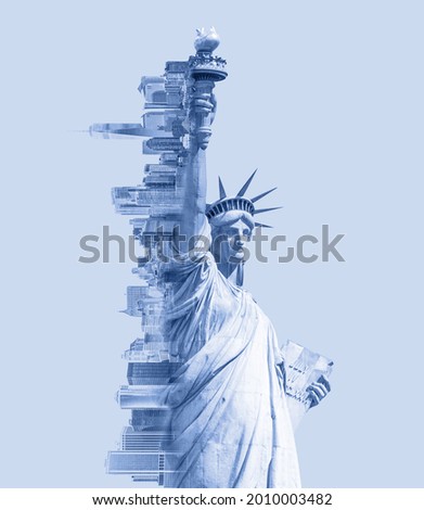 Double exposure image of the Statue of Liberty and new york skyline with cope space. Blue toned image