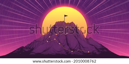 Climbing path to mountain peak. Journey route, sucess flag on top and goal reach vector illustration Royalty-Free Stock Photo #2010008762