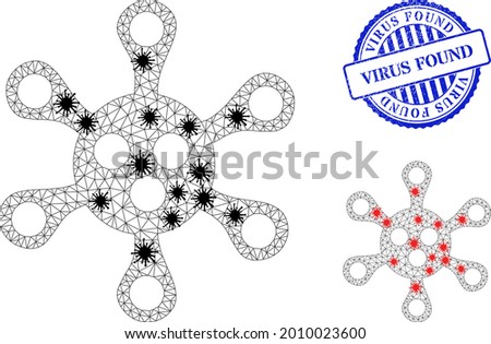 Mesh polygonal virus symbols illustration in lockdown style, and textured blue round Virus Found seal. Carcass model is based on virus icon with black and red virus elements.
