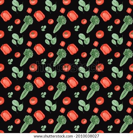 Watercolor vegetables seamless pattern on a black background. Hand-drawn red pepper, tomato, celery, and spinach endless print. Vegetable wallpaper. Salad ingredients backdrop.