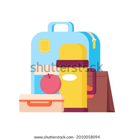 School lunch bags and trays with sandwiches, fruits and donut, thermos bottle