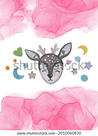 Hand drawing watercolor ink pink abstract background with deer. Use for poster, print, card, postcard, flyers, textile, baby shower, book, greeting, party, celebration