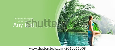 Young and attractive woman in swimsuit relaxing in a beautiful poolside. Girl having summer vacation in exotic country. Holidays and traveling concept with copy-space.