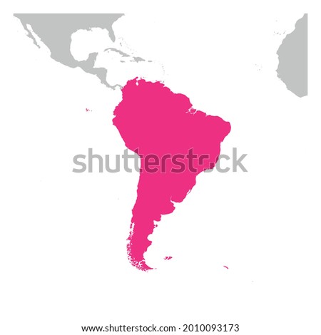 South America continent pink marked in grey silhouette of World map. Simple flat vector illustration