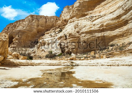  Israel. The magnificent gorge Ein Avdat is the most beautiful in the Negev desert. Start route. The concept of photo tourism. Within the walls there are many caves and rocks