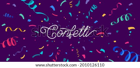 Confetti vector banner background with colorful serpentine ribbons, place for yours text at the center. Anniversary, celebration, greeting illustration in flat simple cartoon style with fun explosion. Royalty-Free Stock Photo #2010126110