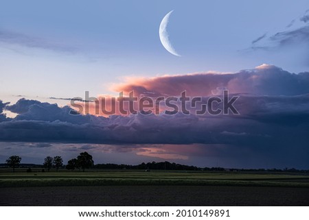 sunset sky, moon and clouds