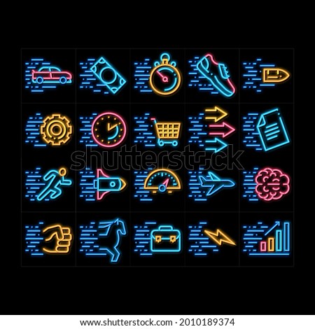 Speed Fast Motion neon light sign vector. Glowing bright icon  Moving At High Speed Car And Air Plane, Rocket And Bullet, Running Human And Horse Illustrations
