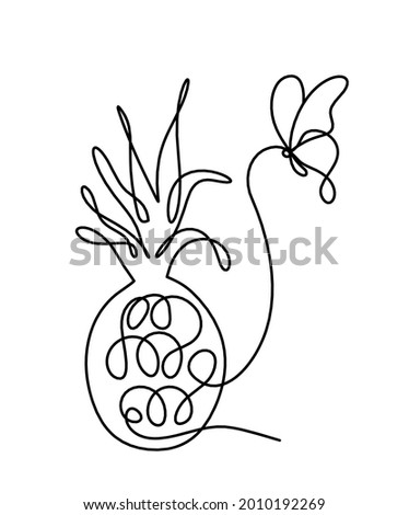 Drawing line pineapple and butterfly  on the white background. Vector