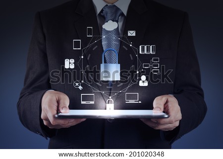 businessman hand pointing to padlock on touch screen computer as Internet security online business concept 