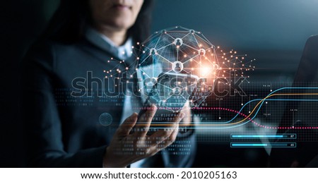
Business woman using mobile smartphone on global network connection and data customer connection on blue background, Digital marketing, Data exchanges,  Innovative and technology.  Royalty-Free Stock Photo #2010205163