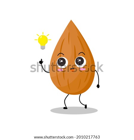 Vector illustration of almond character with cute expression, funny, almond isolated on white background, simple minimal style, vegetable for mascot collection, emoticon, kawaii, get idea, smart