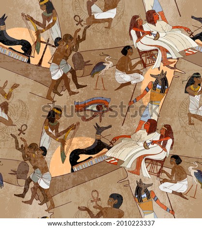 Ancient Egypt frescoes. Seamless pattern. Life of egyptians. Agriculture, workmanship, farm. History art. Hieroglyphic carvings on exterior walls of an old temple  Royalty-Free Stock Photo #2010223337