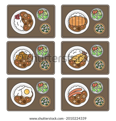 Illustration set of curry rice set meal.