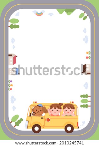 Children riding a school bus on the road. Blank cute background for kindergarten notice.