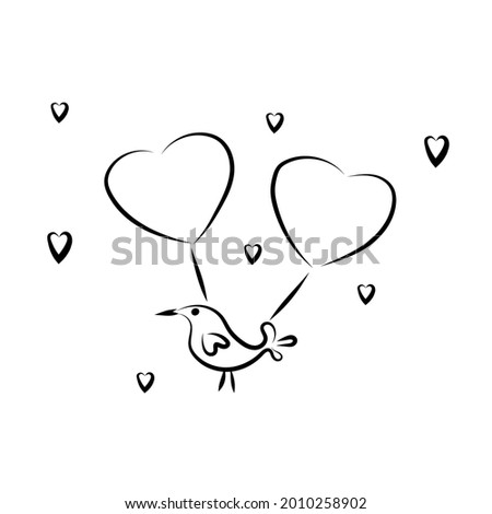 Funny bird with ballons in the shape of the heart. Cute cartoon character. Valentine's day symbol.