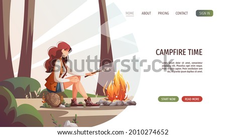 Woman sitting by campfire and roasting marshmallows. Summertime camping, traveling, trip, hiking, camper, nature, journey concept. Vector illustration for poster, banner, website.
