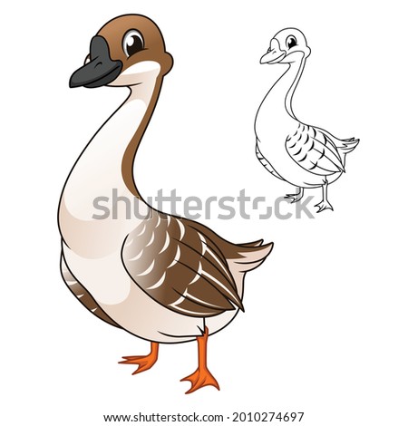 Cute Brown Chinese Goose Standing with Line Art Drawing, Animal Birds, Vector Character Illustration, Cartoon Mascot Logo in Isolated White Background.