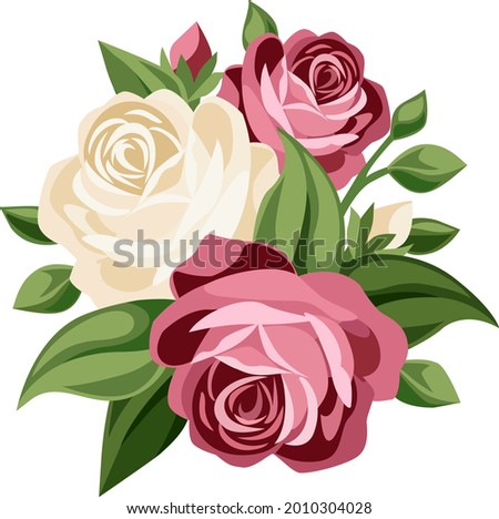 Flower vector with pink roses, white jasmine, and green leaves