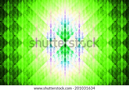 Abstract green geometric square grid background with a detailed triangular pattern spreading outwards from the bright pink, blue and green balance point in the middle 