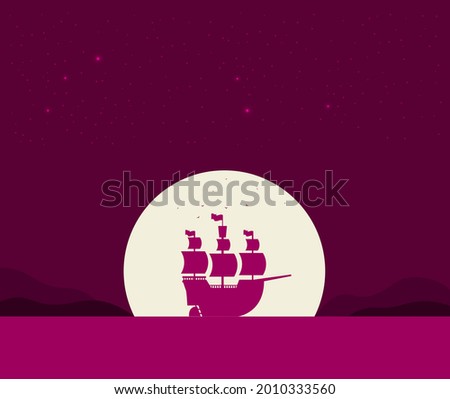 Ship in the night vector, flat illustration