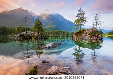 Berchtesgaden National Park, Germany. Lake Hintersee and the Bavarian Alps at sunrise.