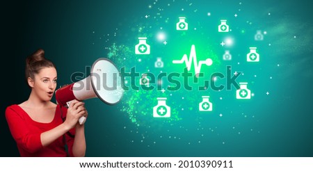 Young person with megaphone and healthcare icon