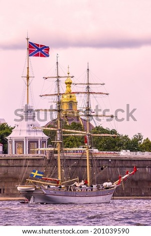 sailboat against a background of Peter and Paul Fortress, St. Petersburg